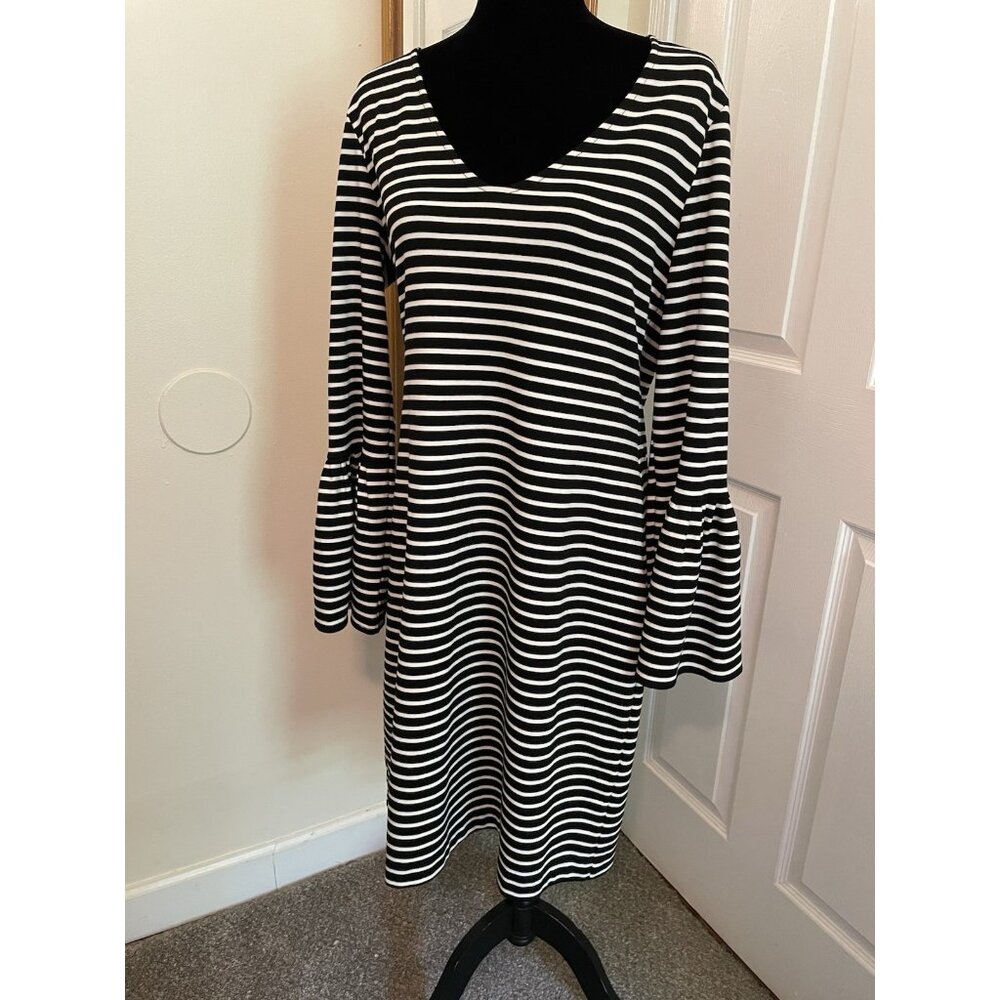 Banana republic dress large women's black and white stripe‎ bell sleeve plunge
